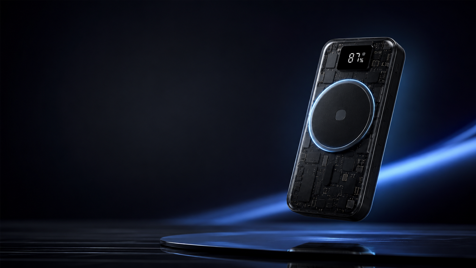 Compact Wireless Powerbank floating on a pedestal